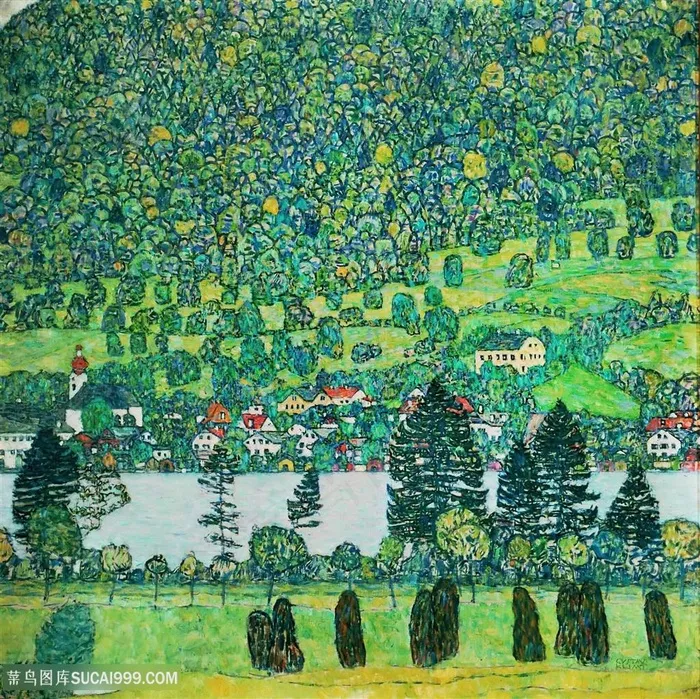 克里姆特油画绿树湖畔美景装饰画