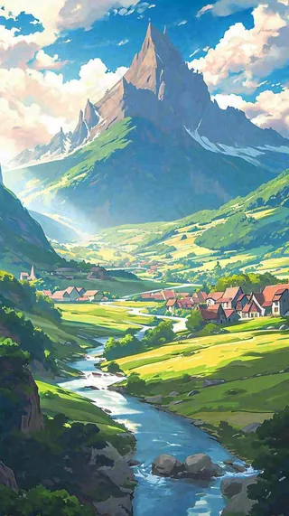 阳光春天细长流水山脉村庄小屋草坪，春分，旅行露营