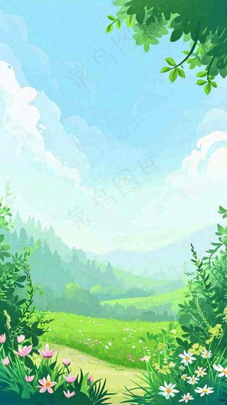 春天郊外露营旅行山脉蓝天白云草坪草地花丛，清新自然，惊蛰春分