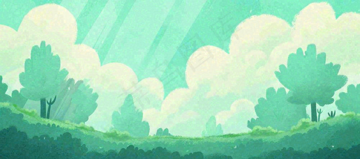 春天绿色插画手绘森林草地，白云阳光(1632x720)
