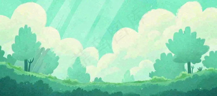 春天绿色插画手绘森林草地，白云阳光(1632x720)