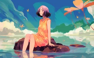 绚丽天空女孩坐着石头上漫画风背景