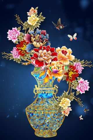 牡丹花花瓶蝴蝶装饰画