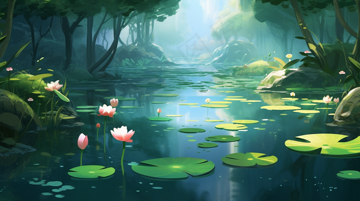 睡莲森林池塘卡通插画(4368x2448)