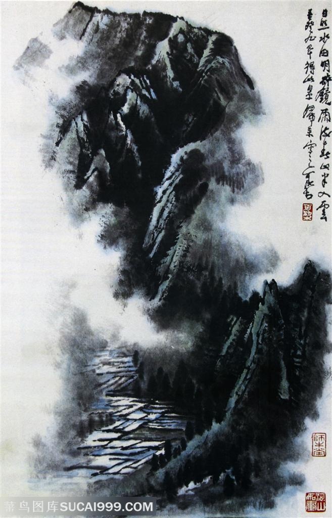 国画名家作品-李可染的雨后春山半入云