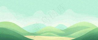 春天手绘绿色山坡春分，踏青，春游