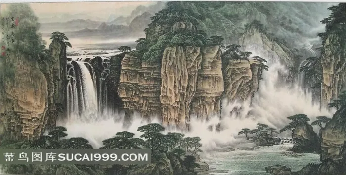 山水瀑布风景艺术图片