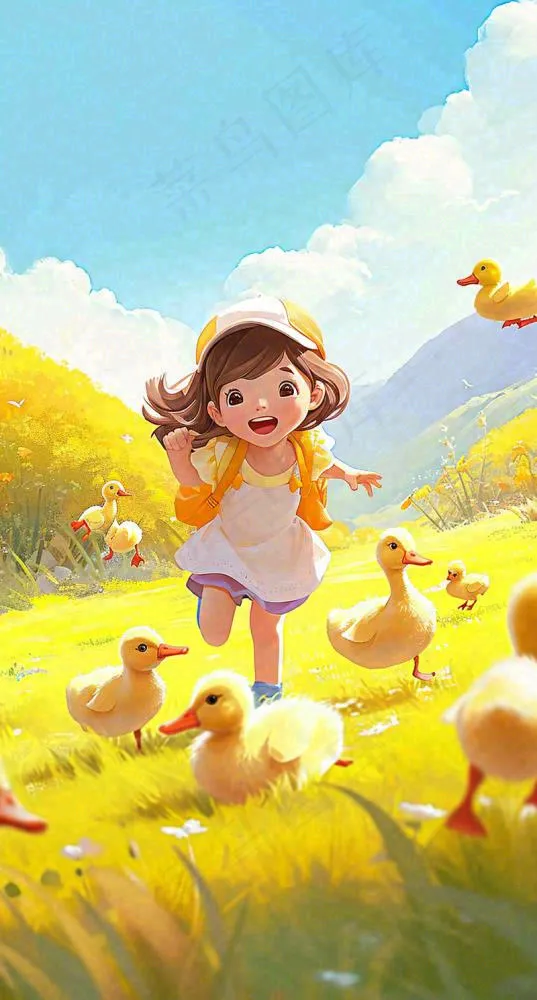 儿童节可爱鸭子奔跑，蓝天白云草地童真玩耍，清新插画(800x1488)