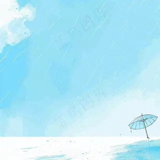 夏天海边蓝天白云水彩画