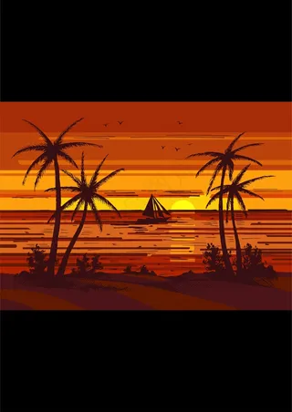 海边落日黄昏 小船小树美景