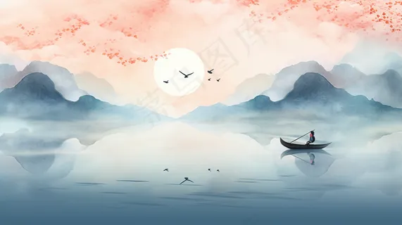 江南水乡水墨画山水船桃花插画