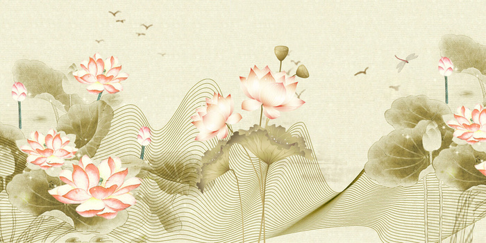 手绘荷花装饰画背景墙