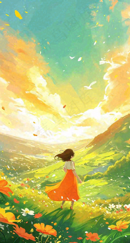 春日浪漫山脉鲜花草坪里的女孩，油画手绘插画，春分(800x1488)