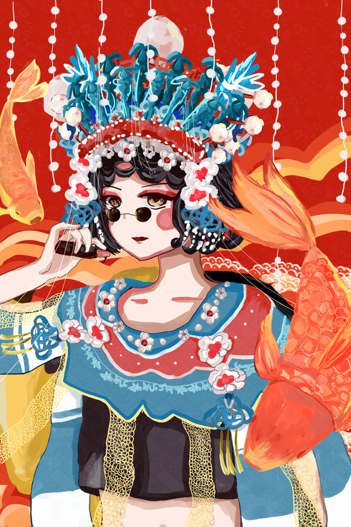 手绘中国风国潮京剧戏曲人物插画古风国粹花旦ai矢量ps设计素材图