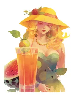 金发美女面前放着饮料免抠