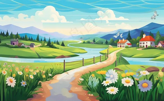 乡村村庄美丽风景河流插画农田插画背景(1408x864)