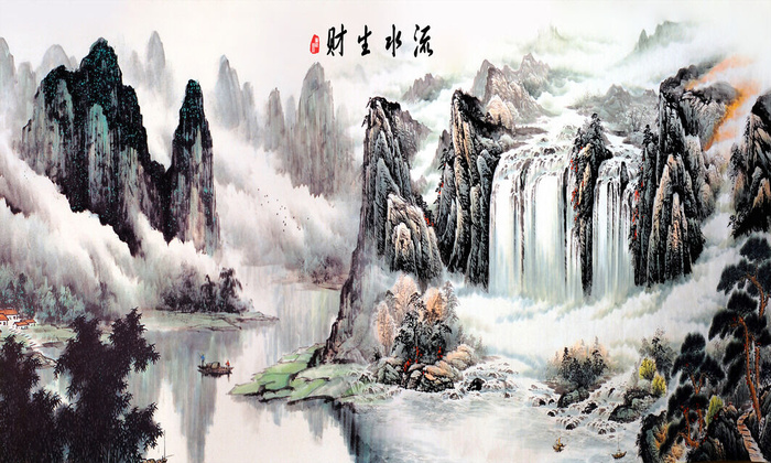 水墨山水流水生财背景