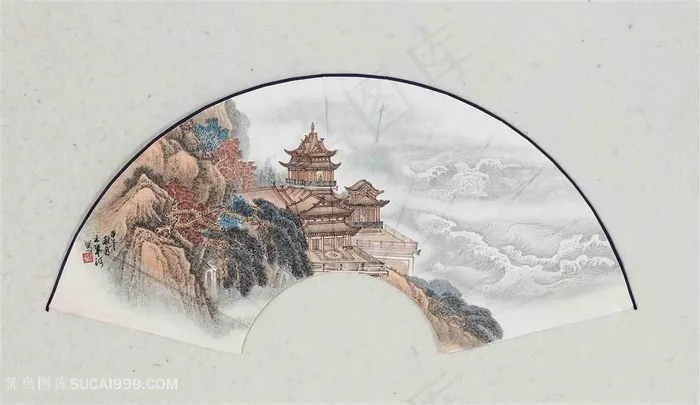 王军河工笔山水扇面仙阁浮云