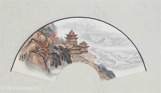 王军河工笔山水扇面仙阁浮云