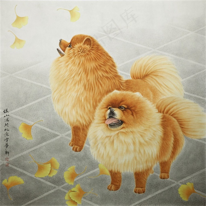 两只藏獒艺术工笔画