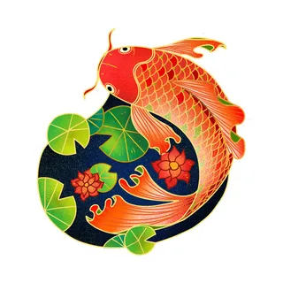 手绘国潮古风喜庆铜钱锦鲤鱼金鱼荷花插画场景装饰PSD设计素