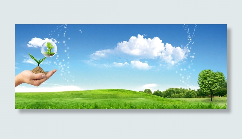 手托树苗绿色草地风景PSD素材