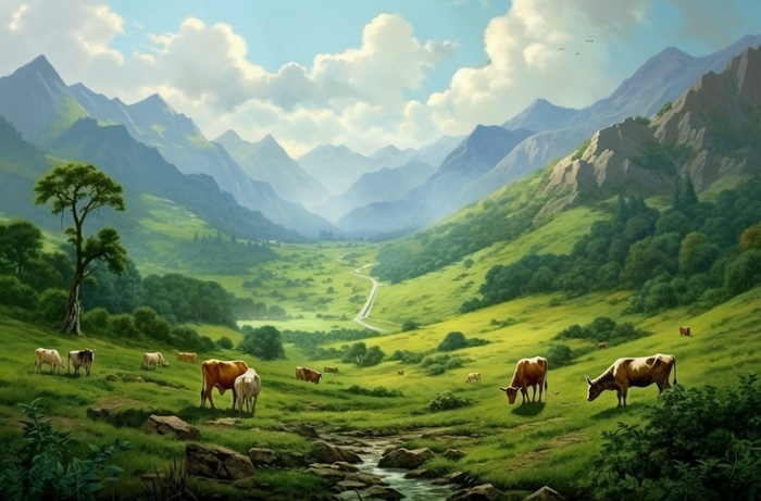 一群奶牛和山羊在山上的绿色草地上插画背景(4080x2688)