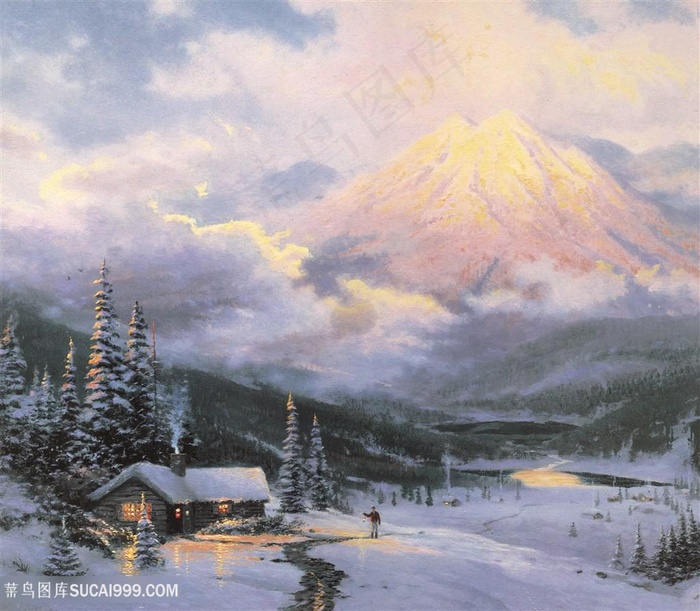 雪景唯美湖畔乡村装饰画插画