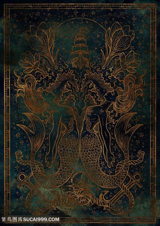 复古双鱼金属十二星座底纹背景图片