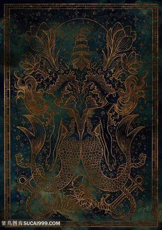 复古双鱼金属十二星座底纹背景图片