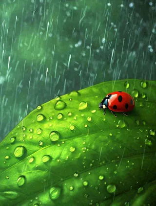 下雨，绿色树叶上，七星瓢虫，雨水，惊蛰，谷雨，春天摄影图