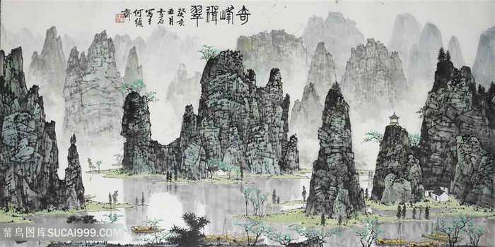 白雪石唯美水墨山脉高清风景画