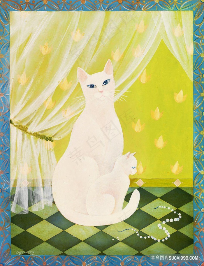 白色猫窗帘艺术插画