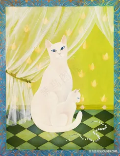 白色猫窗帘艺术插画