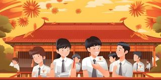 学生中国红祖国繁花背景