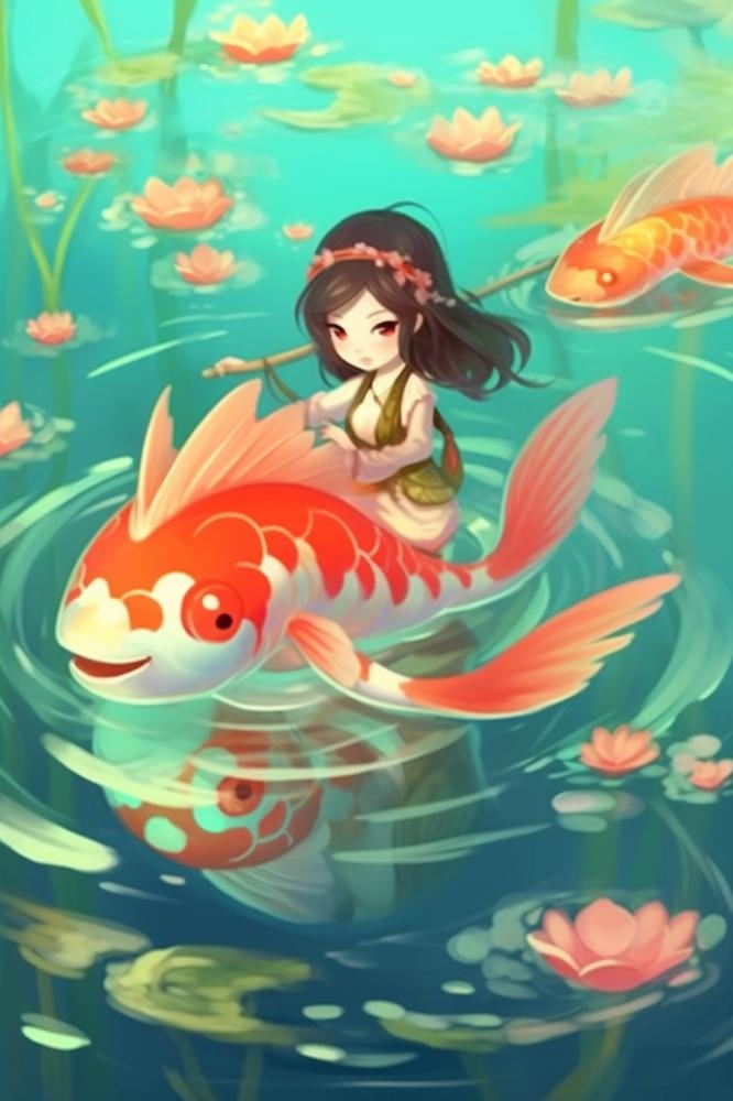 湖水水草金鱼女孩插画背景(896x1344)