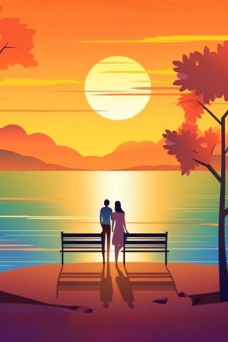 夕阳晚霞日楼情侣剪影橘红背景