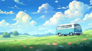 蓝天白云草地花丛汽车卡通插画素材背景