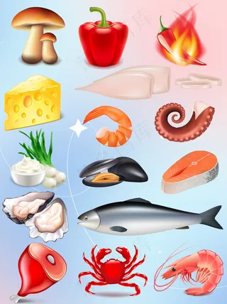 海鲜美食立体卡通插图元素合集