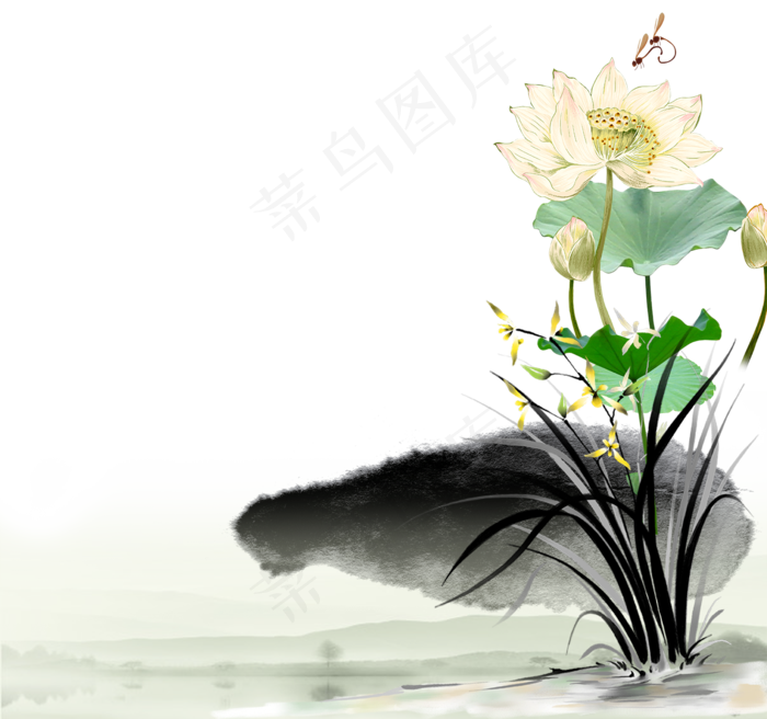 唯美古风水彩手绘荷叶荷花