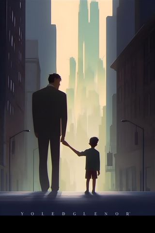 父亲和孩子亲情城市剪影背景