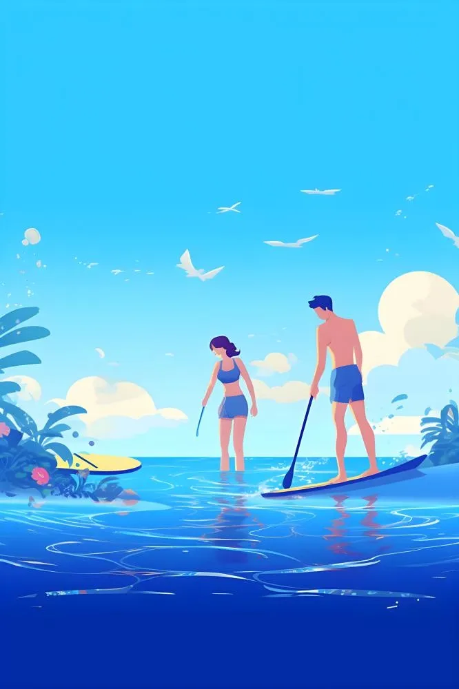 夏日海边海浪冲浪人物蓝色插画背景(2400x3600)