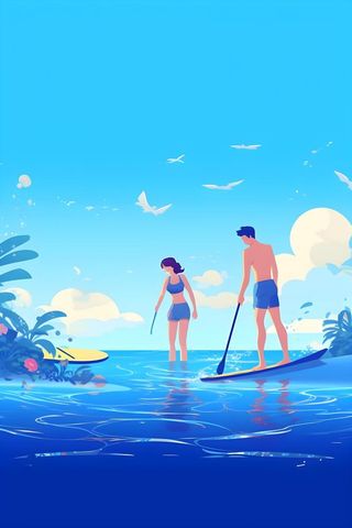 夏日海边海浪冲浪人物蓝色插画背景