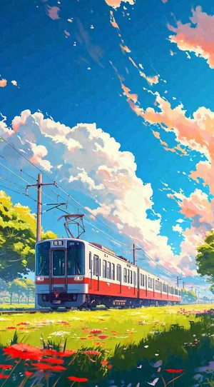 蓝天白云交通高铁铁路火车，草坪鲜花彩色插画