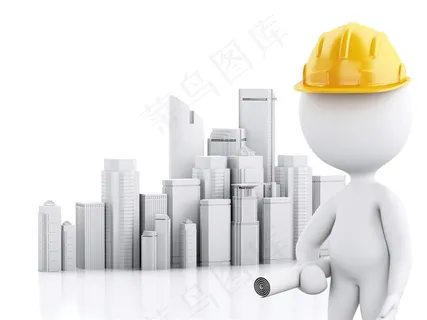 拿着图纸站在高楼大厦前的白色3D小人高清图片