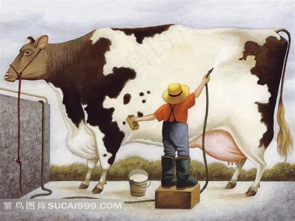 Lowell Herrero给奶牛梳洗绘画作品 Lowell Herrero给奶牛梳洗绘画作品