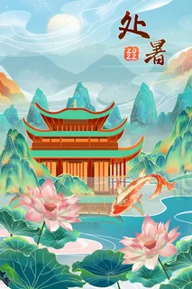 国潮中国风24节气处暑夏天山水建筑插画