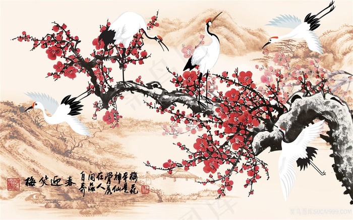 花开富贵风景字画高清分辨率喷绘打印办公室挂画素材山水花草