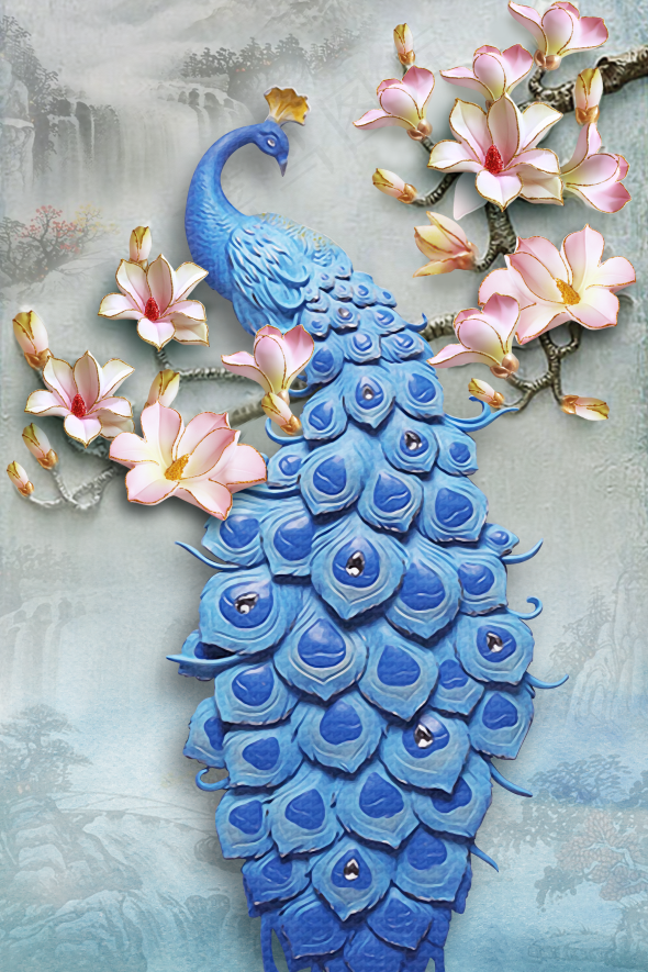 中国风山水花鸟孔雀客厅卧室玄关画酒店装饰画