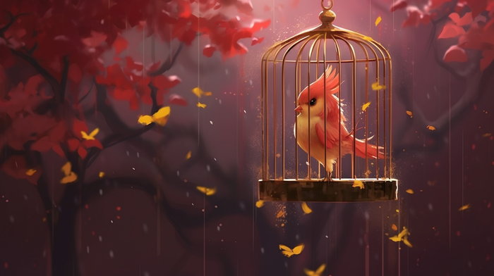 树枝上挂着的鸟笼小鸟插画素材(4368x2448)